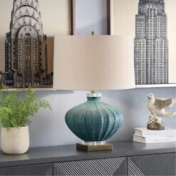 Reeves 29 Inch 150.00 Watt Turquoise Volcanic And Antique Brass With Crystal Table Lamp Portable Light