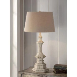 Wooden Column 34 Inch 150 Watt White Wash Table Lamp Portable Light