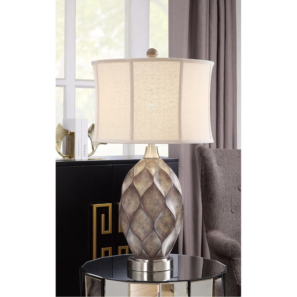 Kimball 34 Inch 150.00 Watt Carved Wood And Nickel Table Lamp Portable Light 4 Kimball 34 Inch 150.00 Watt Carved Wood And Nickel Table Lamp Portable Light - Image 2